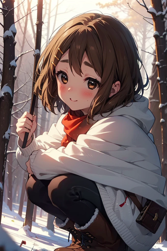 yuihirasawa, Yui Hirasawa, short hair, Brown Hair, hair ornaments, (Brown eyes:1.5), Hair Clip、smile,smile,blush,white breath,
Open your mouth,snow,Ground bonfire,, Outdoor, boots, snowing, From the side, wood, suitcase, Cape, Blurred, , forest, White handbag, nature, Squat, Mouth closed, Cape, winter, Written boundary depth, Black shoes, red Cape break looking at viewer, Upper Body, whole body, break Outdoor, forest, nature, break (masterpiece:1.2), Highest quality, High resolution, unity 8k wallpaper, (shape:0.8), (Beautiful and beautiful eyes:1.6), Highly detailed face, Perfect lighting, Extremely detailed CG, (Perfect hands, Perfect Anatomy),