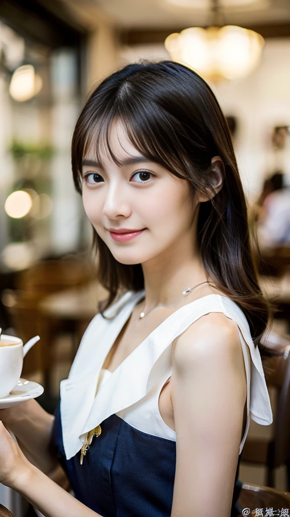 (8k、Highest quality、masterpiece、Ultra-high resolution:1.2)、RAW Photos、One woman、Japanese、Beautiful 20 year old woman、Standing in a café、(whole body:1.35)、Japanese actress、(Dress with a ribbon on the chest、Fashionable design dress:1.4)、High heels、(Realistic:1.4)、(Stylishly decorated cafe、Organic Cafe:1.4)、Soft lighting、Medium chest、Dynamic pose、Genuine、Very detailed、Realistic skin texture、Professional photography、Perfect proportions、smile、Direct your gaze this way、View here、正面からのwhole bodyショット、Delicate hair、Medium Hair、Dark Brown Hair、Height is 165 centimeters、Anatomically correct、Accurate limbs、Beautiful feet、Thin ankles、Thin eyebrows、Beautiful breasts、Glowing Skin、Dark brown eyes、Very detailed、A ruddy complexion、Just the right white balance、Silver Breath Red、Clear photos