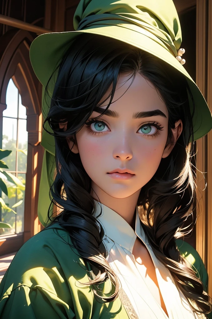 Fairly , thick, slightly wavy black hair, thick eyebrows, long eyelashes, blazed expression, light green eyes, schoolgirl outfit, oriental-style outfit, in an arabic-style castle building, magician, black witch's hat, plant, corridor, large window, arabic-style castle, natural light, detailed face, beautiful eyes, delicate features, soft colors, serene atmosphere, high quality, detailed, photorealistic, photo-realistic:1. 37, 4k, ultra-detailed, extremely detailed, hyperrealistic, highly detailed, masterpiece:1.2, vibrant colors, natural lighting, cinematic, dramatic, fantastic, magical, surreal.