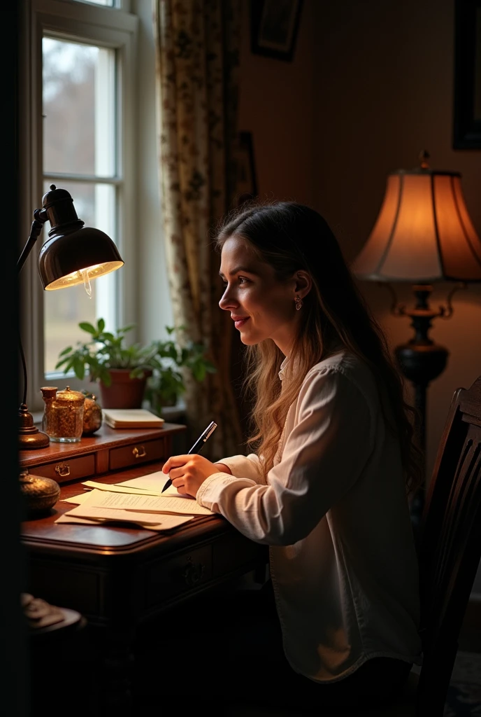 Here’s the English translation:
"A person is sitting at their desk, with paper and pen in front of them. They have already written one letter and are now preparing to write another while the postman is about to knock on the door. There is a subtle smile on their face because they already know what will be written in the incoming reply. The room is dimly lit, and the evening can be seen through the window. Around them, elements of an old era are visible, like an antique lamp and an inkwell."
Make an image.