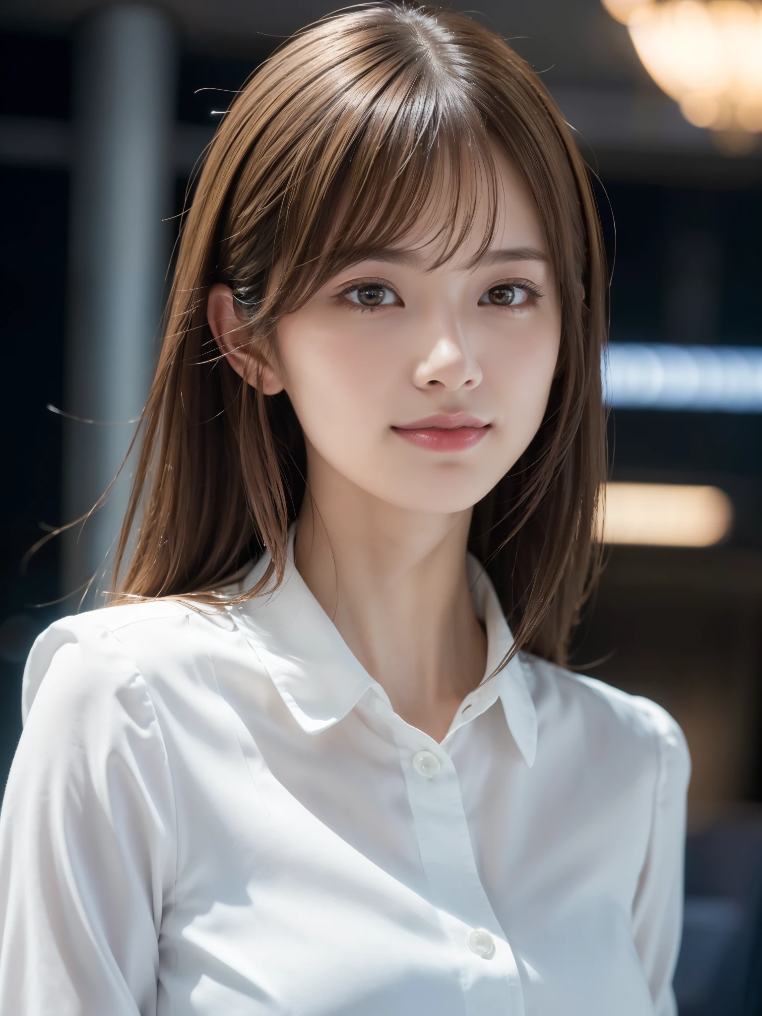 1 cabin attendant,(Cabin Attendant Uniform), (RAW Photos, Highest quality), (Realistic, Photorealistic:1.4), Tabletop, Very delicate and beautiful, Very detailed, 8k wallpaper, wonderful, In detail, Highly detailed CG unification, High resolution, Soft Light, Beautiful and detailed 25-year-old beauty, Very detailed目と顔, Beautifully detailed nose, Beautiful attention to detail,Cinema Lighting,Night airport,Perfect Anatomy,Slender body,smile (My hair is messy, Asymmetrical bangs, Light brown hair,)