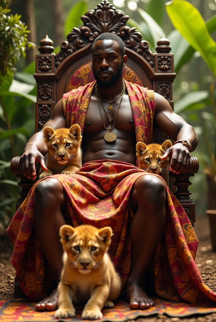 Beau man d'une trentaine d'année buvant un café, quite muscular, comme the king Osei Tutu, surrounded by 3 lion cubs, Tissu africain, the king Osei Tutu, royaume Ashanti, sitting on a throne