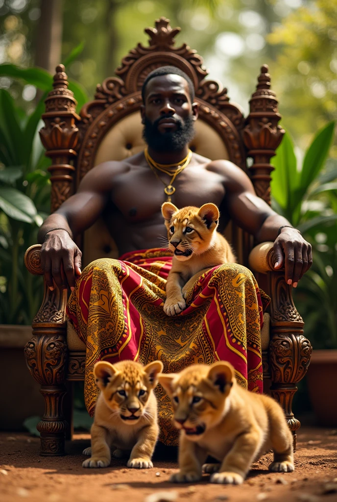 Beau man d'une trentaine d'année buvant un café, quite muscular, comme the king Osei Tutu, surrounded by 3 lion cubs, Tissu africain, the king Osei Tutu, royaume Ashanti, sitting on a throne