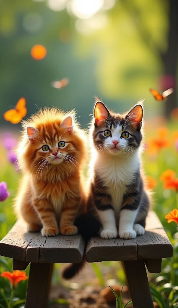 Two cute cats, one wearing a lion-like mane and the other with short, curly fur, are standing on wooden benches in an outdoor park. The cat is dressed as a lion, while another stands next to it, both posing for photos. Their expressions look very happy and playful. --ar 89:99 --v 6.1