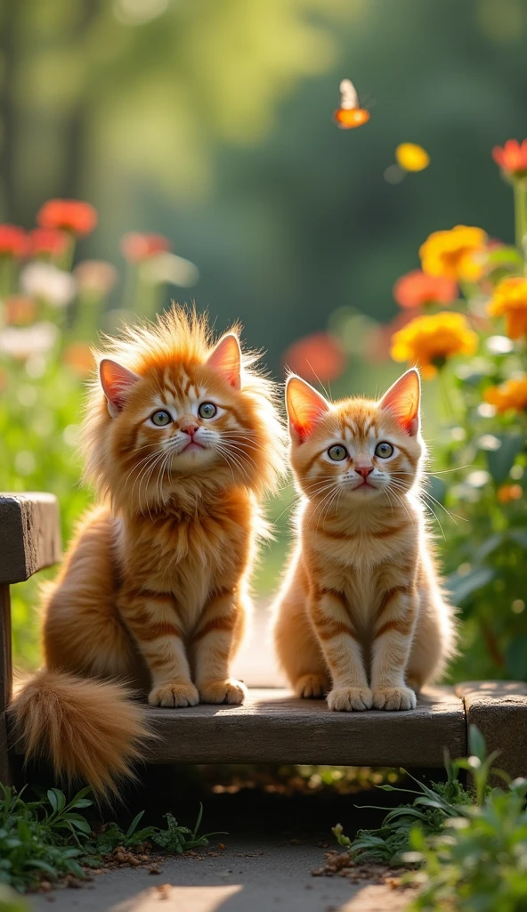 Two cute cats, one wearing a lion-like mane and the other with short, curly fur, are standing on wooden benches in an outdoor park. The cat is dressed as a lion, while another stands next to it, both posing for photos. Their expressions look very happy and playful. --ar 89:99 --v 6.1