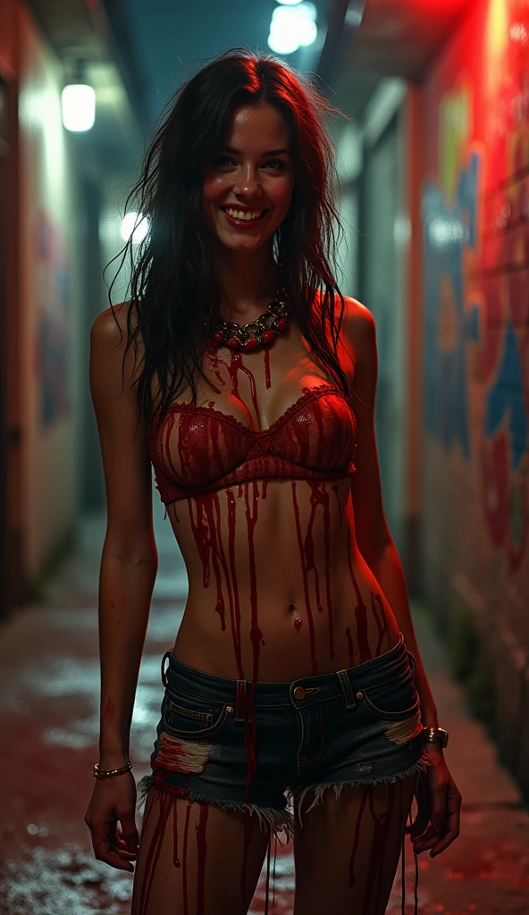 grunge gritty raw boastful self centre self righteous brash rude teen laughing impudent impertinent cocky self-assertive assertive cocksure full of oneself self-confident macabre malice female bloody extremely covered in blood soaked in blood bath