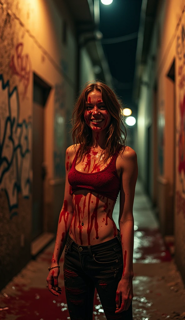 grunge gritty raw boastful self centre self righteous brash rude laughing impudent impertinent cocky self-assertive assertive cocksure full of oneself self-confident macabre malice female bloody extremely covered in blood soaked in blood bath
