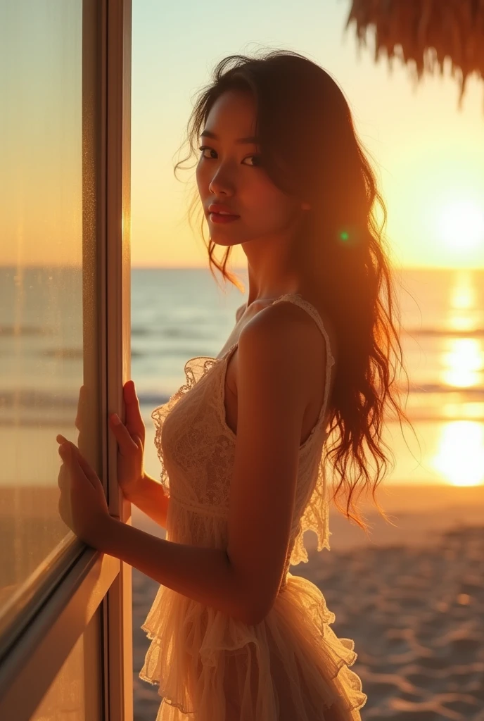 (((Full body image of a woman))),(Model shooting style), (shy), 1 person, Lonely, Extremely rich facial detail, Beautiful Eyes, [Chubby], cute, cheeks turn a little red，bright, Stunning beauty, (Rembrandt Lighting), ARRI Lens, Surreal, (Skin with attention to detail:1.2),8k,uhd,ARRI ALEXA 35, Dramatic Rim Light, high quality,Very delicate and beautiful, A wonderful masterpiece, Very detailed, High resolution,Best Shot, Best Shadow,Complex,Sharp focus, Focus distance 100mmf/2.8,high quality, 1. Japanese women, alone.cute,Fuka Koshiba,Yuki Sakurai, Lens flare,Beautiful breasts,Cool eyes,Glossy Lips,An ennui smile,Glowing Skin,Clear Skin, Well-formed face, Sexy Eyes, Toned body, Confusion and expectations, Sexual premonition, lustrous,Sparkling Eyes,Vivid Rouge, Beachfront vacation homes,Magic Hour, Fleur Tulle Baby Doll&shorts,adventure,Opening the curtains,Angle seen from outside the window,The setting sun is reflected in the window