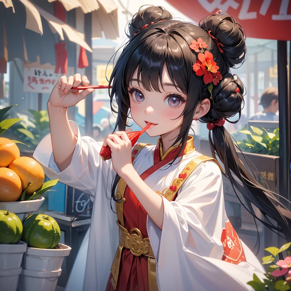 A chibi child girl had a small face and Wearing a little Taoist priest's outfit. A pair of big round eyes shone with curiosity about him. This child was so cute! , Eating and buying fruit in the market, raindrops are falling down, her hair is black with two buns on her hair.small chibi, chibi baby, smiling.

The little chibi baby looked up with his chest raised, and his face was old and proud.
 
