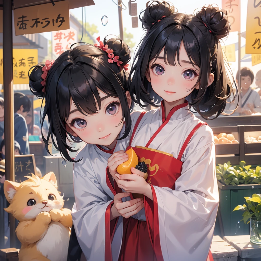 A chibi child girl had a small face and Wearing a little Taoist priest's outfit. A pair of big round eyes shone with curiosity about him. This child was so cute! , Eating and buying fruit in the market, raindrops are falling down, her hair is black with two buns on her hair.small chibi, chibi baby, smiling.
The little chibi baby looked up with his chest raised, and his face was old and proud.