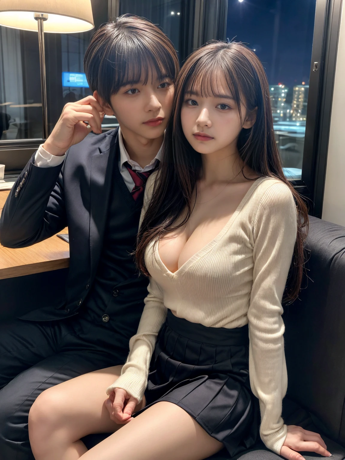 A handsome CEO with his beutiful girlfriend,who is on her highschool hot uniform romancing together with him in his luxury office at night.
While he carefully romantically falls down her hair., laege breasts