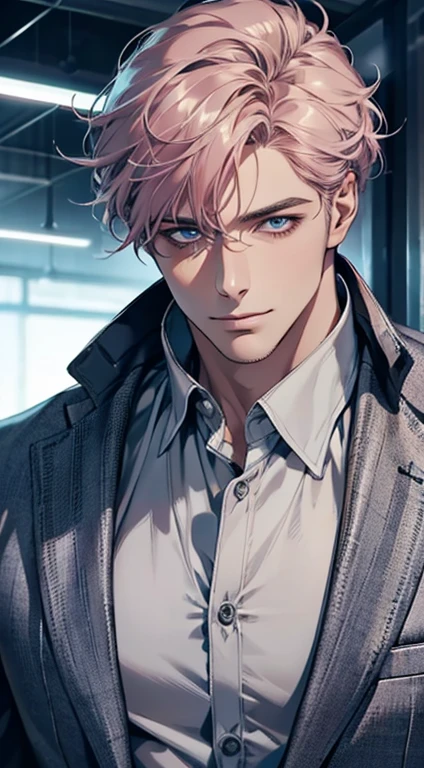 (best quality,4k,8k,highres,masterpiece:1.2),ultra-detailed,(realistic,photorealistic,photo-realistic:1.37),1 man,31 years old,mature man,very handsome,without expression,smile,short grey pink hair,blue eyes,penetrating gaze,perfect face without errors,imposing posture,businessman,office background,cinematic lighting,hdr image