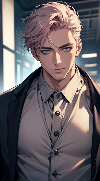 (best quality,4k,8k,highres,masterpiece:1.2),ultra-detailed,(realistic,photorealistic,photo-realistic:1.37),1 man,31 years old,mature man,very handsome,without expression,smile,short grey pink hair,blue eyes,penetrating gaze,perfect face without errors,imposing posture,businessman,office background,cinematic lighting,hdr image