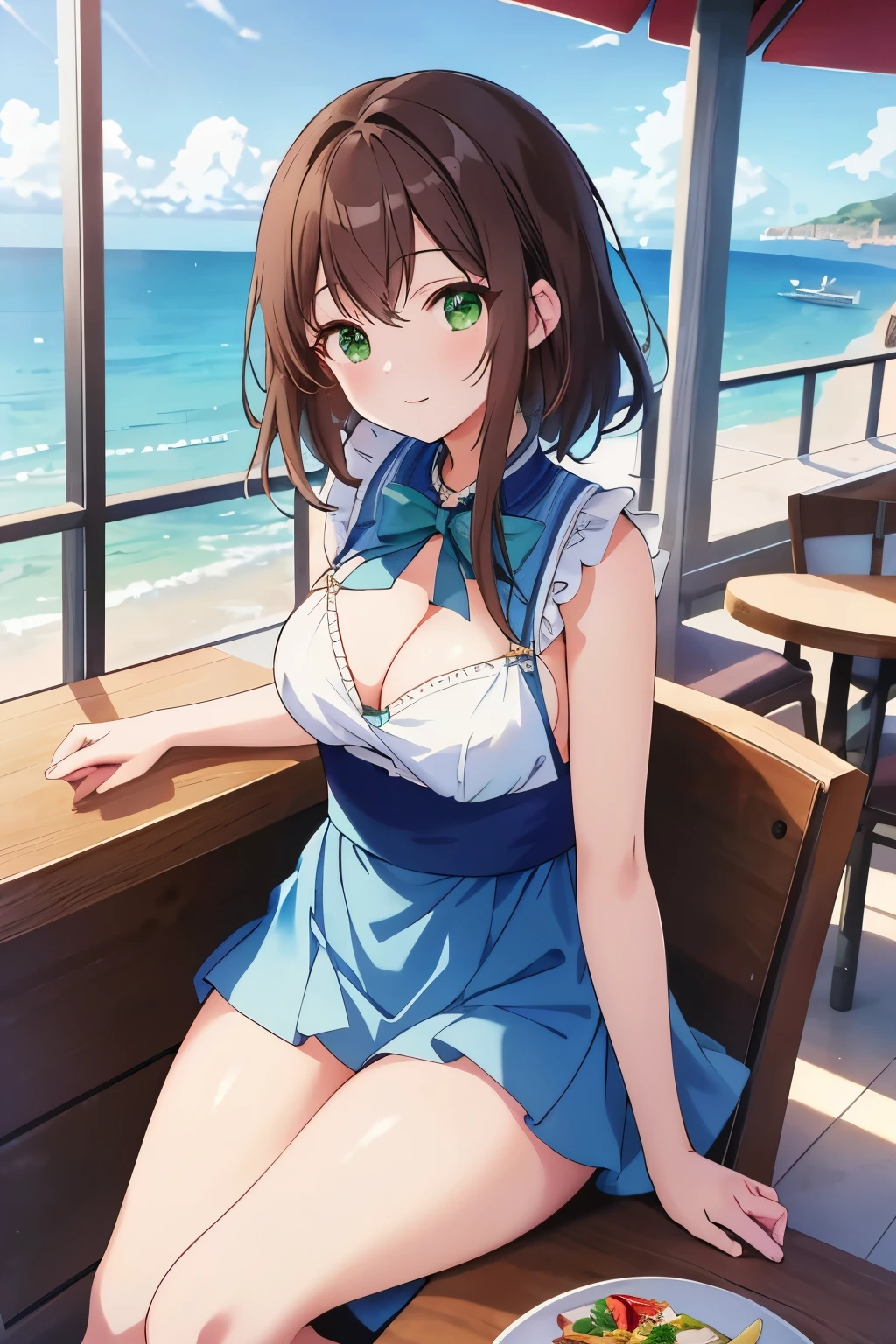 ((masterpiece, Highest quality, High resolution, 超High resolution, Pixel perfect, Written boundary depth, 4K, RTTX 10.0, High resolution))), 1 person, single, alone, Beautiful Anime, Beautiful art style, Anime characters, ((Shortcuts, bangs, Dark brown hair)), ((Green Eyes:1.4, Round eyes, Beautiful eyelashes, current eyes)), ((Smooth texture:0.75, Anime CG style)), ((Dynamic Angle, close)), Perfect body, (cute), Normal chest, whole body, ((4K, 8k, Highest quality, Perfect Fingers: 1.3, Perfect Anatomy: 1.3, Background Blur)), whole bodyアングル, An illustration of someone at a restaurant with a view of the sea., The character is dressed in a refreshing summer outfit, Sitting in the window seat, She gazes at the beautiful sea stretching out beyond the window, Enjoying a meal with a relaxed expression, Delicious food and drinks are lined up on the table, The blue sea and sky spread out in the background., Gentle waves are lapping at the shore
