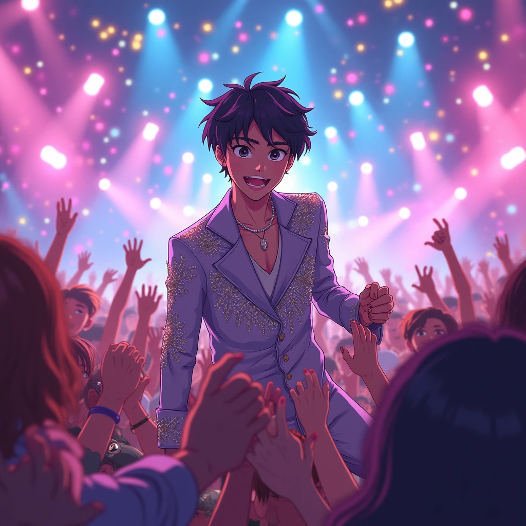 Jungkook singing in concert in anime style closeup up shots of every man