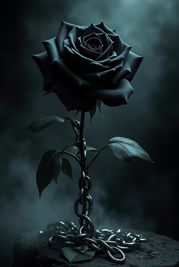 A black rose with metal chains around it