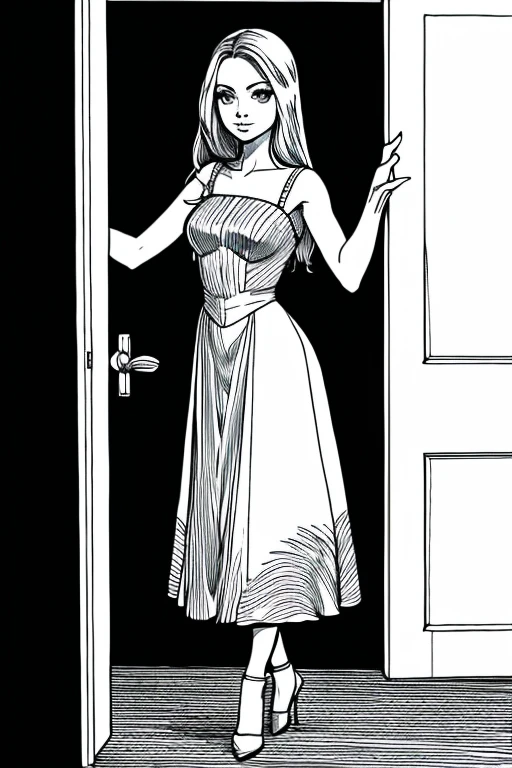 ((Highest quality)), ((masterpiece)), (detailed), A picture of a girl in a dress standing in front of a door,Line art、Model pose