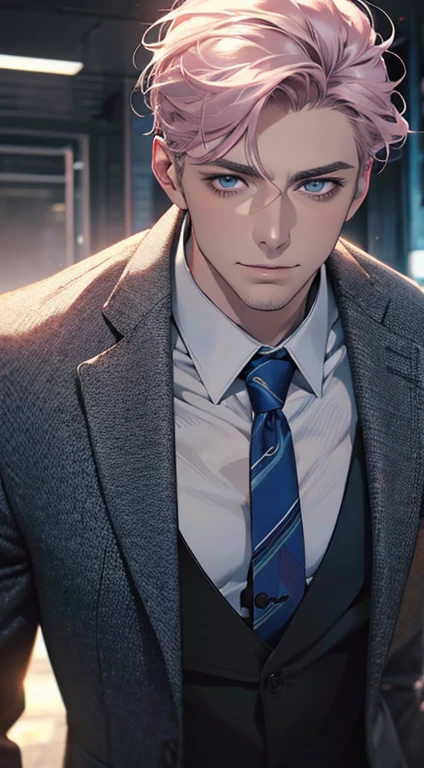 (best quality,4k,8k,highres,masterpiece:1.2),ultra-detailed,(realistic,photorealistic,photo-realistic:1.37),1 man,31 years old,mature man,very handsome,without expression,smile,short grey pink hair,blue eyes,penetrating gaze,perfect face without errors,imposing posture,businessman,office background,cinematic lighting,hdr image