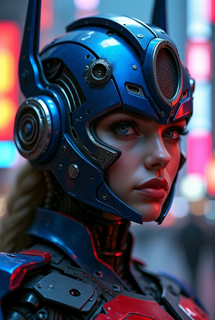 Female Optimus Prime, highly detailed portrait, cyberpunk, sci-fi, dramatic lighting, epic, 8k, hyper realistic, photorealistic, masterpiece, extremely detailed face and eyes, beautiful intricate metallic details, dramatic pose, moody atmosphere, neon city background, dynamic composition