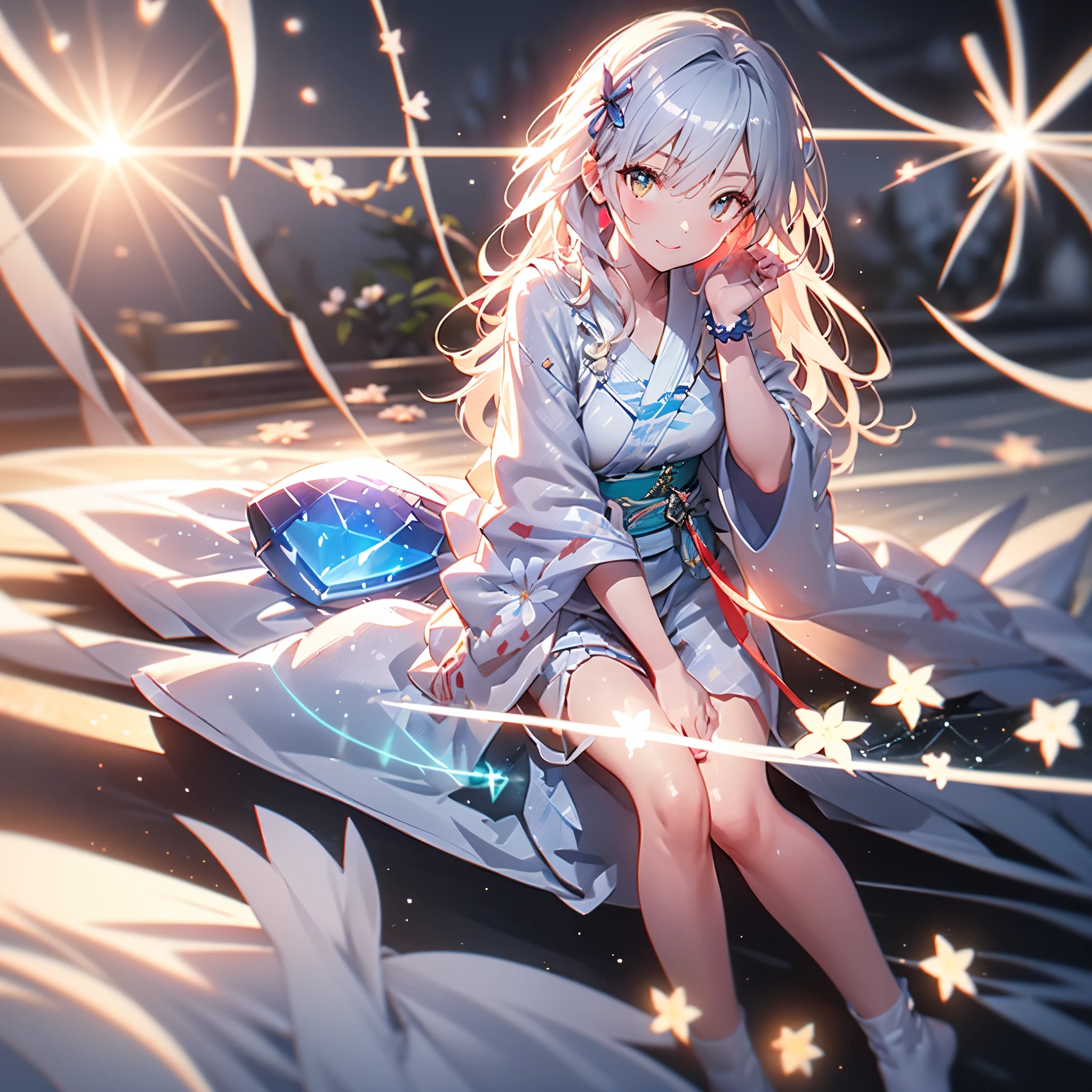 Movie angle,night,null,Beautiful Clouds,Detailed Background,constellation,starry null, One person,alone,Glowing Skin,Tilt your head,smile,whole body,Wide Shot,(kimono, Floral print, heart, ribbon, yukata:1.2),Crystal of snow,Knee socks,Reflection Bed, whole body, (8k, RAW Photos, Highest quality, masterpiece:1.2, masterpiece8k.High resolution. High resolutionの不条理:1.2, Film Grain, Blurry bokeh:1.2, Lens flare, (Bright colors:1.2), (delicate)), Glasses