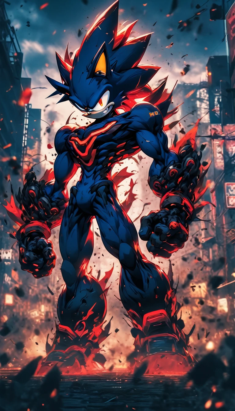 Black Red Metal Sonic, attack, Wide shot from the ground, Symmetric, Bright red eyes, Bokeh, Cyberpunk Wasteland, Neonstadt, Surrealist, 4K, Nano Suite, Award-winning, background, Muscular legs , Muscular arms, Muscular upper body, Muscular Abs , Muscular shoulders,
