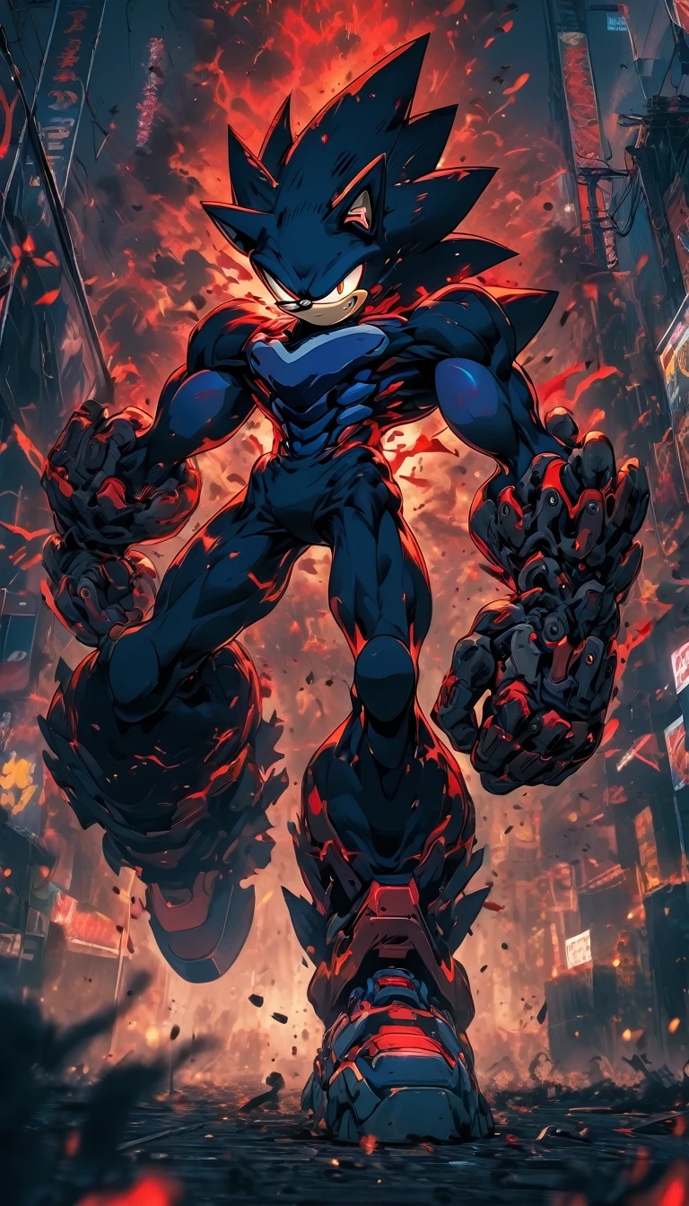 Black Red Metal Sonic, attack, Wide shot from the ground, Symmetric, Bright red eyes, Bokeh, Cyberpunk Wasteland, Neonstadt, Surrealist, 4K, Nano Suite, Award-winning, background, Muscular legs , Muscular arms, Muscular upper body, Muscular Abs , Muscular shoulders,