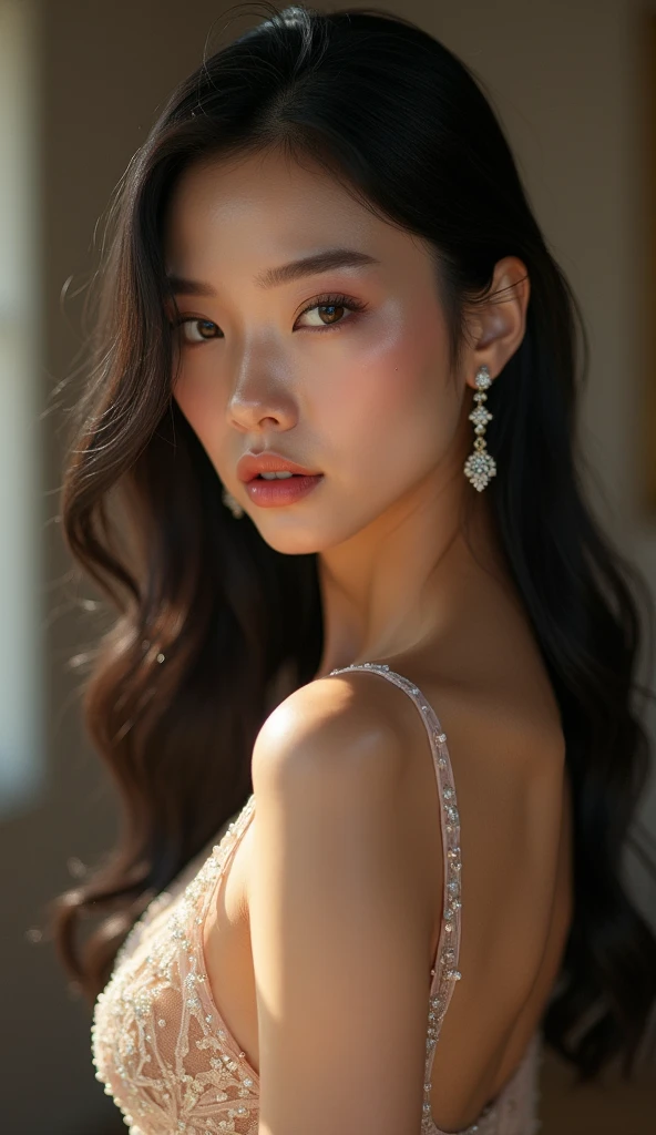 highres,4k,HDR,1girl, photorealistic, realistic,sweat skin, thin face,yangmi,heavy makeup, standing,(((half body))), medium breasts,earing ,