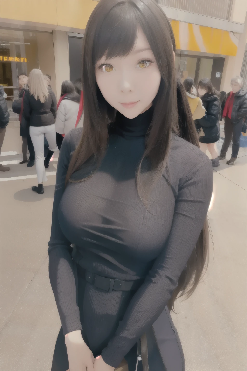 a photorealistic portrait of a beautiful young woman with glowing skin, standing alone outdoors in an autumn setting, wearing a black turtleneck sweater dress with a messy hairstyle and yellow eyes, looking directly at the viewer, set in a city shopping district with pedestrians, dynamic angle, extremely detailed, 8K, RTX, ambient occlusion, rim lighting, vibrant