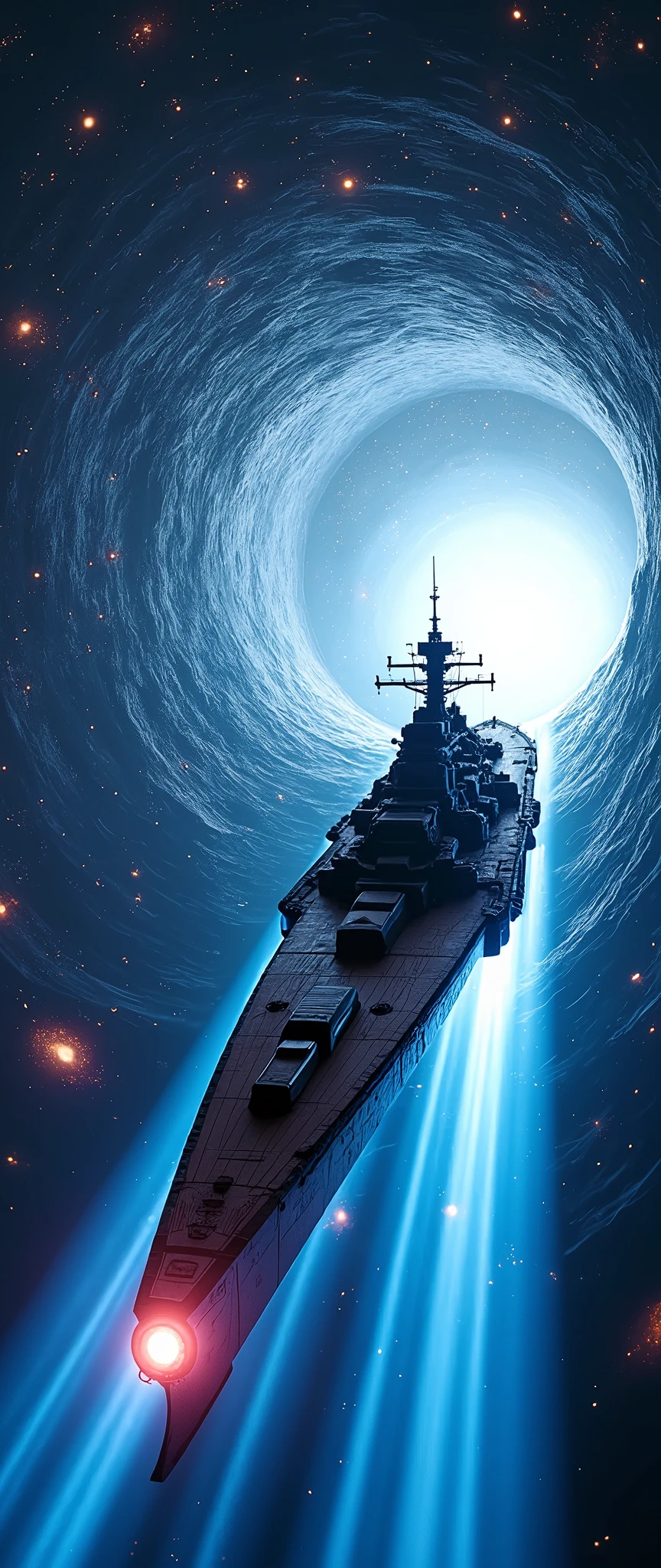 (masterpiece:1.2,Distinguished Quality,Mirror-like,Cinematic Experience),8k,wallpaper,Realistic,(DSLR Canon style),(A battleship-shaped spaceship performs warp travel.:2.0),(sf:2.0),(A streamlined spaceship resembling the Yamato battleship:2.0),(dynamic),(Beautiful particles of light are emitted from the wave engine at the stern.:2.0),(Expressing superluminal speed with a beautiful blue line of light:2.0),(((The background is a wormhole and subspace.:2.0))),(Motion Blur)