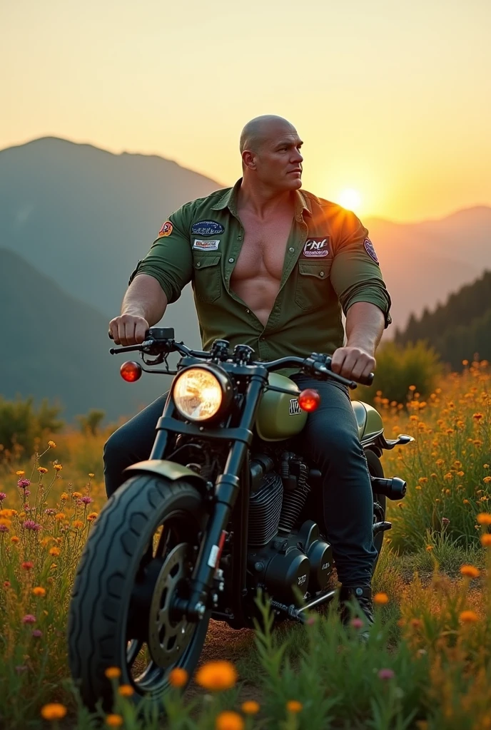 Big giant white body builder bald men wearing unbuttoned double pocket green shirt with logos on heavy motor bike in beautiful valley