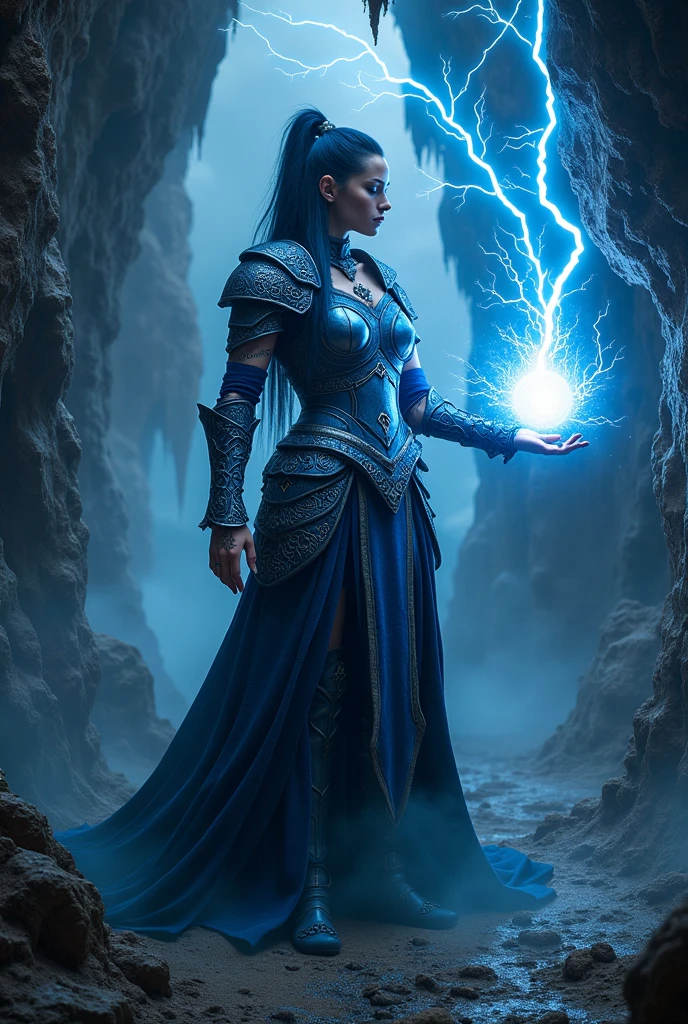 Aletta Ocean, angry evil beautiful and muscular, Nordic female, towering storm Giantess with blue black hair in a ponytail, older and mature woman, throwing a lightning ball, celtic glowing tattoos, wearing nordic steel runic plate mail Armour , temple cave background with lightning storm, glowing blue eyes, square jaw, powerful and imposing, winter clothing, pale blue purple skin, ((full plate celtic dragon armour)), nordic tattoos, fit bodybuilder