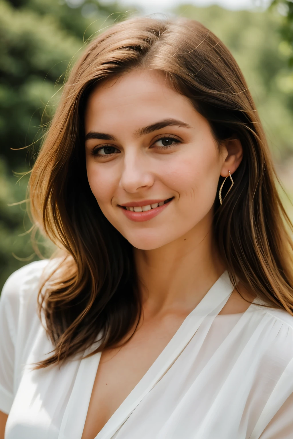 Créer une femme extrêmement attirante avec un visage superbe, aux traits délicats et symétriques. Elle a des yeux doux et invitants, une mâchoire bien définie, et des lèvres pleines avec un sourire naturel et subtil. Sa peau est lisse, avec un teint chaud, parsemé de quelques taches de rousseur sur ses joues et son nez. Ses épaules sont dénudées, ajoutant à son allure, avec le tissu de son vêtement tombant gracieusement de ses épaules. Ses cheveux longs et ondulés descendent en cascade dans son dos, complétant son apparence élégante et féminine. L'atmosphère générale doit être captivante et d'une beauté irrésistible.