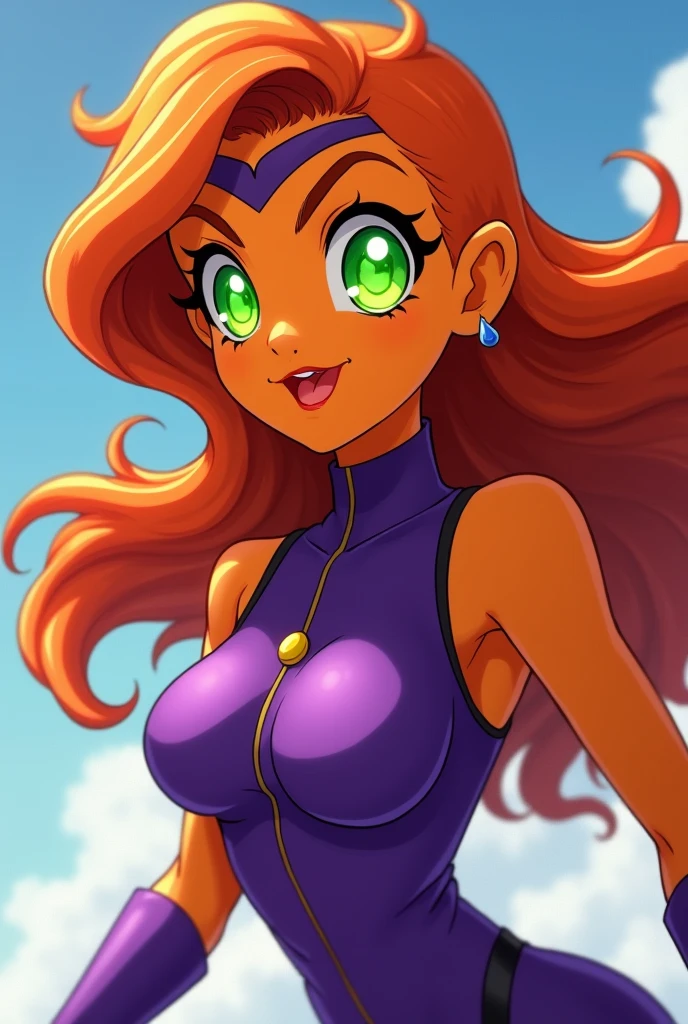 An orange skinned girl, wearing a purple sleeveless power suit. Her eyeballs are bright green, glowing and without pupils inside. She has orange long and wavy hair, an hairbang and she is busty. She flyes in the sky. Beautiful detailed face