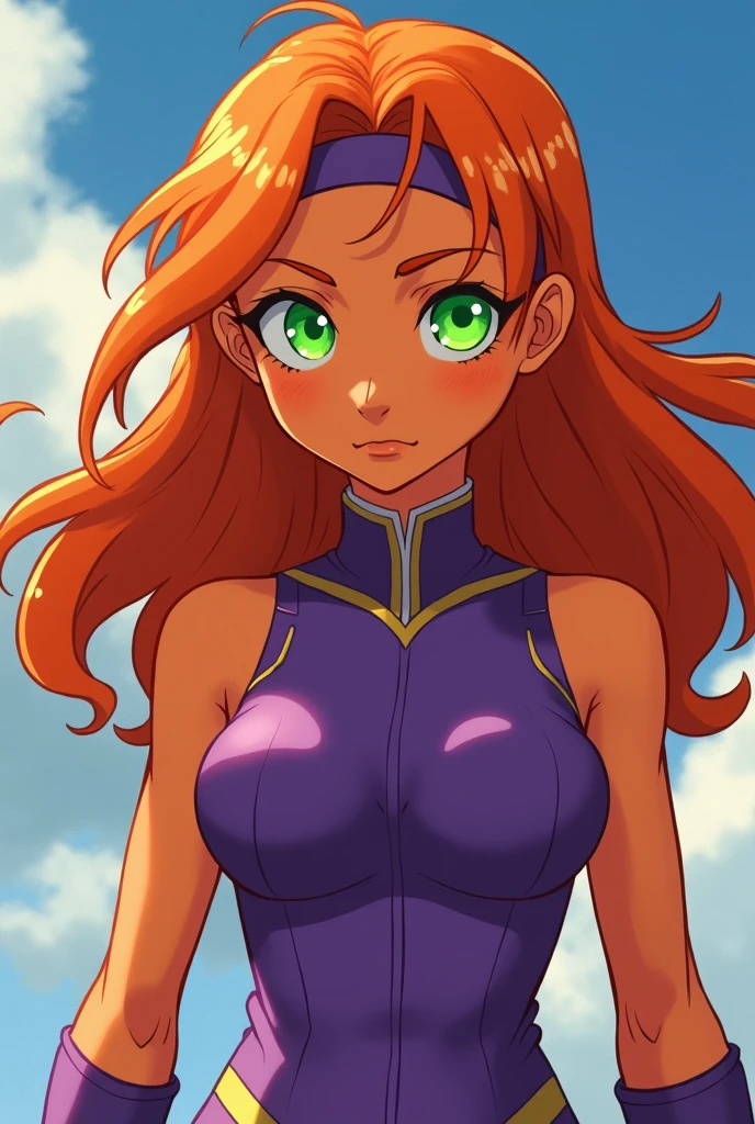 An orange skinned girl, wearing a purple sleeveless power suit. Her eyeballs are bright green, glowing and without pupils inside. She has orange long and wavy hair, an hairbang and she is busty. She flyes in the sky. Beautiful detailed face