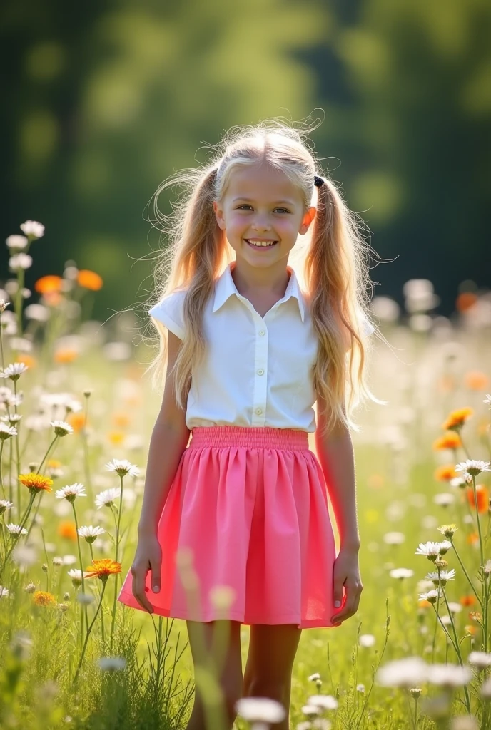 beautiful 9  blonde Ukrainian girl in pink short skirt white shirt