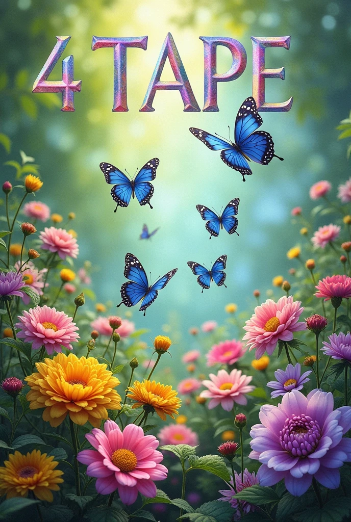 make a album cover that says 4 TAPE with 12 blue butterflies flying in a garden in the background 