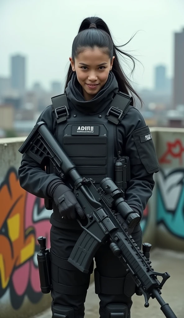 so much swagger trained marine corp militant asian female smug grin sneer. with an attitude vengeance she adorn with pony tail hairstyle adorn hip hop rap style in Kevlar black military attire armour sniper rifle on rooftop standing absolute disrespect mocking gestures