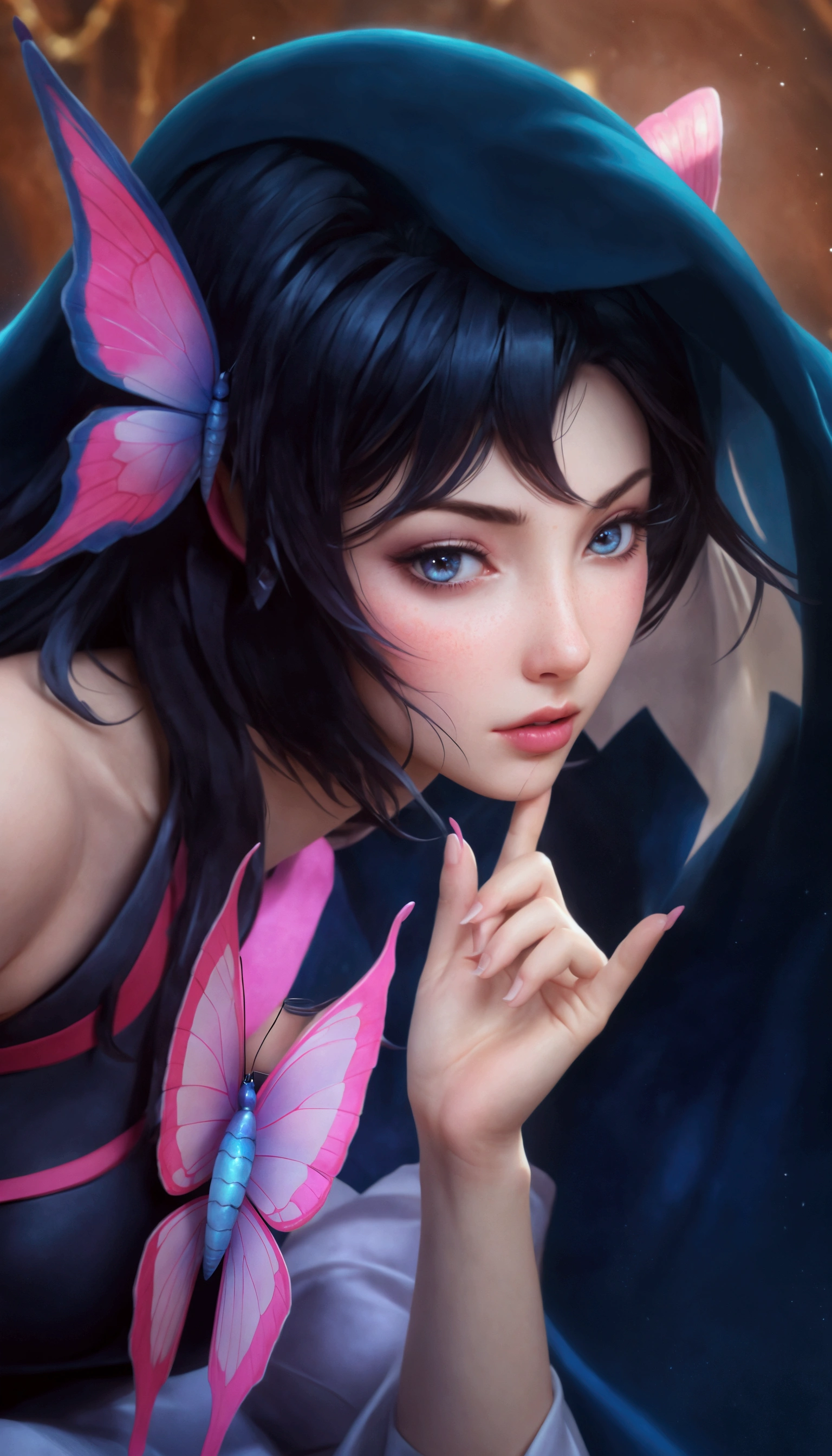 a close up of a woman with a butterfly on her head, extremely detailed artgerm, artgerm detailed, ig model | artgerm, portrait of ahri, artgerm. high detail, style artgerm, ! dream artgerm, trending artgerm, artwork in the style of guweiz, artgerm portrait, extremely detailed artgerm, ig model | artgerm, seraphine ahri kda, mobile legends, crystalline skin, ice mage, splash art, 8k, ultra hd, ultra detailed texture, hyper realistic, masterpiece, detailed texture, detailed face, detailed skin, detailed lighting, (photorealistic:1.5), best quality, beautiful lighting, cinematic lighting, professional lighting, ultra highres, realistic, detailed hair, real hair, high quality, (realskin:1.5), extremely detailed, finely detail, ultra-detailed, glare