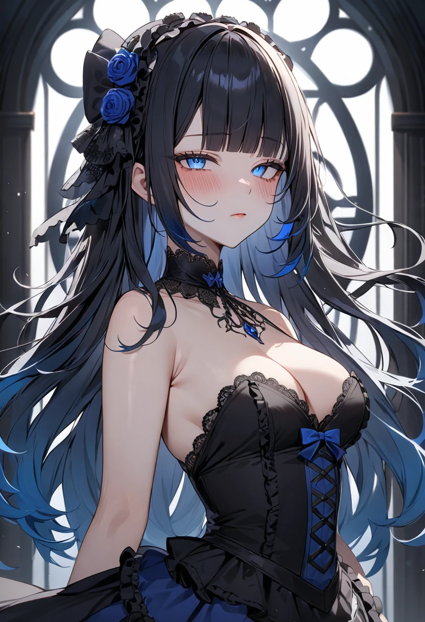 (masterpiece, top quality, very aesthetic, 4k、illustration), intricate detail, 1woman,solo,contrapposto 、from side、(gradient eyes、tareme)、Strong glowing eyes、blunt bangs,Fair skin,(cowboy shot)、half closed eyes、cold face、Cold Stare、(Blue lipstick),beautiful face、Blushing,(gradient hair)、multicolored hair,middle hair,sidelock ,blue eyes、Shoulderless gothic ta dress、medium breasts、slender 、
