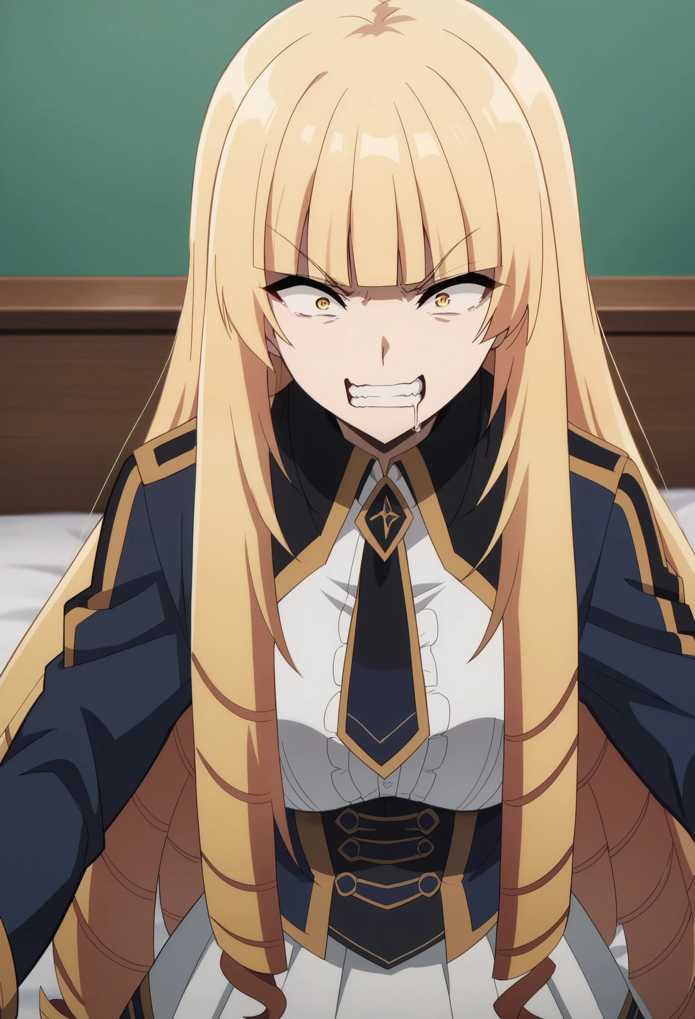 oriana rose, long hair, blonde hair, yellow eyes, drill hair, bangs, blunt bangs, skirt, jacket, necktie, white skirt, corset,big breast, grin, crazy, saliva, annoyed, anime style, anime, 4K, best quality, high quality, super detail, masterpiece,upper body,bikini,in the bed
