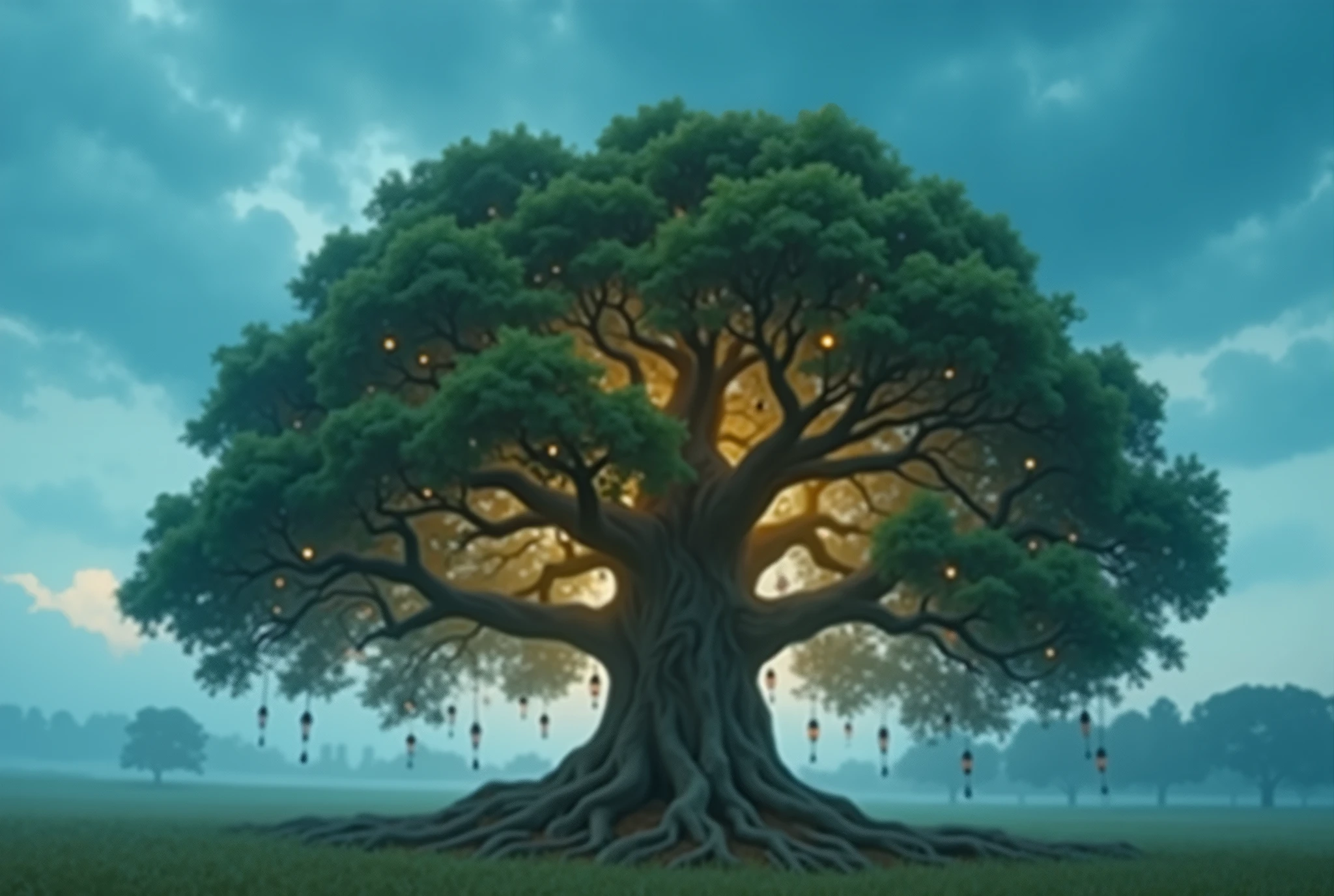 Full frame,There is a tree in the field with a lamp hanging on it., Fantasy tree, Magic tree, Yggdrasil, the tree of Life, Magic Tree, tree of Life, world Tree, Rendering Art, Giant Tree, Ancient Trees, Tree-man, Golden sacred tree, Background artwork, Detailed 4k,Full frame,A majestic old oak tree in a field,Immense crown,Lifelike, Intricate roots,Creating atmosphere through the use of smudging techniques, Original style,Dark,Looking up,Full of magic,Wizarding World,Religious overtones,mystery