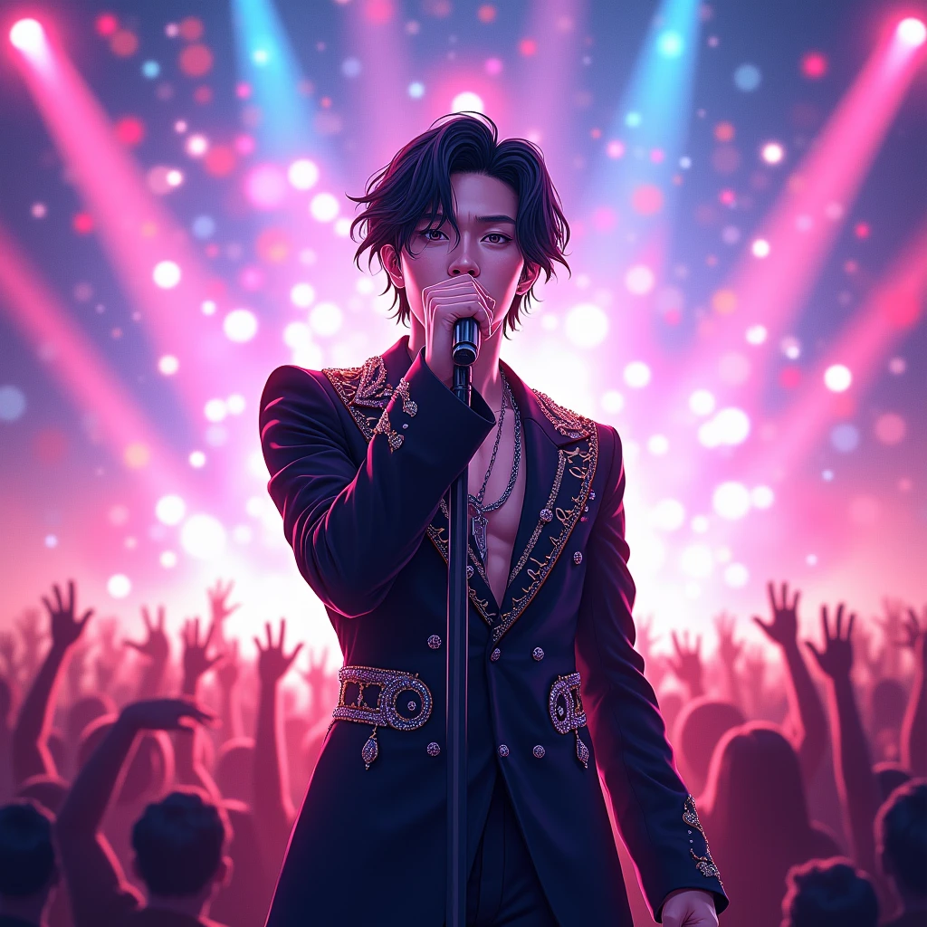 Jungkook singing in concert in anime style closeup up shots of every man
