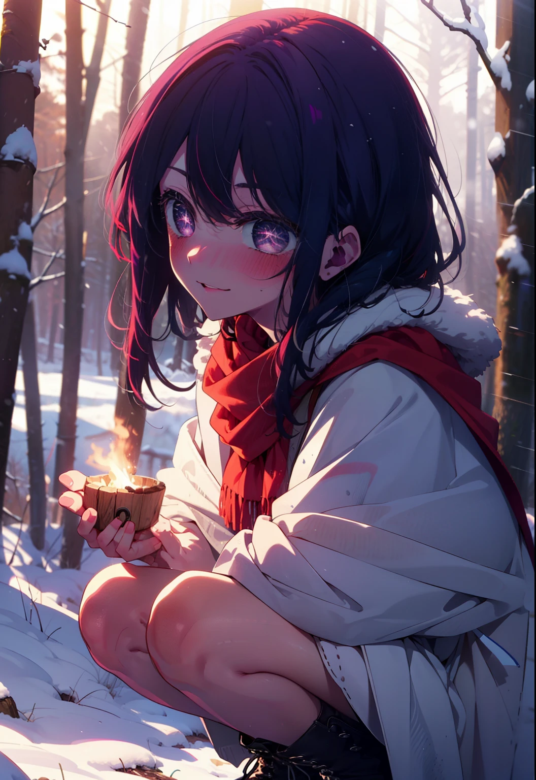 aihoshino, Ai Hoshino, Long Hair, bangs, (Purple eyes:1.1), Purple Hair, (Symbol-shaped pupil:1.5), smile,,smile,blush,white breath,
Open your mouth,snow,Ground bonfire, Outdoor, boots, snowing, From the side, wood, suitcase, Cape, Blurred, , forest, White handbag, nature,  Squat, Mouth closed, Cape, winter, Written boundary depth, Black shoes, red Cape break looking at viewer, Upper Body, whole body, break Outdoor, forest, nature, break (masterpiece:1.2), Highest quality, High resolution, unity 8k wallpaper, (shape:0.8), (Beautiful and beautiful eyes:1.6), Highly detailed face, Perfect lighting, Highly detailed CG, (Perfect hands, Perfect Anatomy),