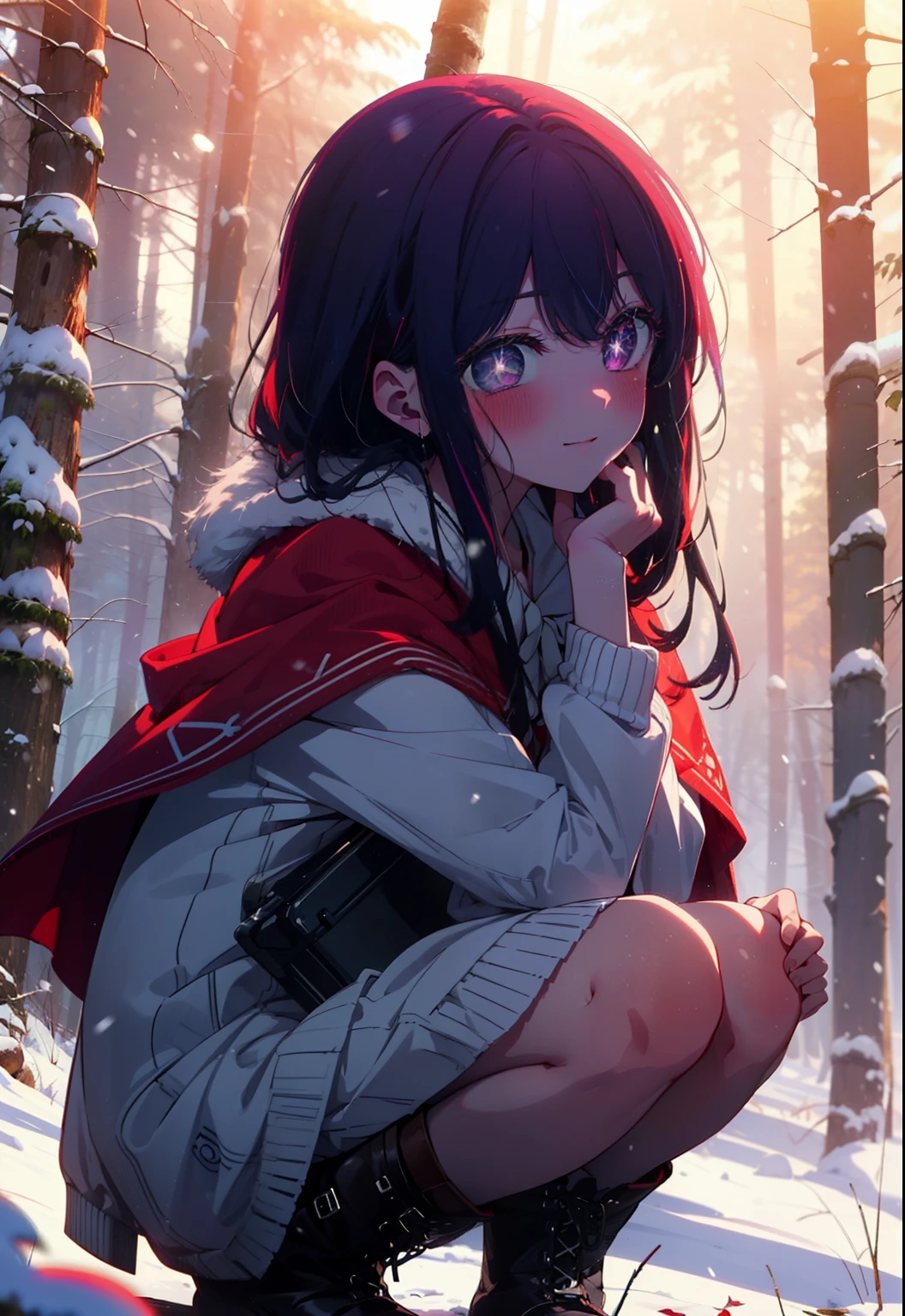 aihoshino, Ai Hoshino, Long Hair, bangs, (Purple eyes:1.1), Purple Hair, (Symbol-shaped pupil:1.5), smile,,smile,blush,white breath,
Open your mouth,snow,Ground bonfire, Outdoor, boots, snowing, From the side, wood, suitcase, Cape, Blurred, , forest, White handbag, nature, Squat, Mouth closed, Cape, winter, Written boundary depth, Black shoes, red Cape break looking at viewer, Upper Body, whole body, break Outdoor, forest, nature, break (masterpiece:1.2), Highest quality, High resolution, unity 8k wallpaper, (shape:0.8), (Beautiful and beautiful eyes:1.6), Highly detailed face, Perfect lighting, Highly detailed CG, (Perfect hands, Perfect Anatomy),