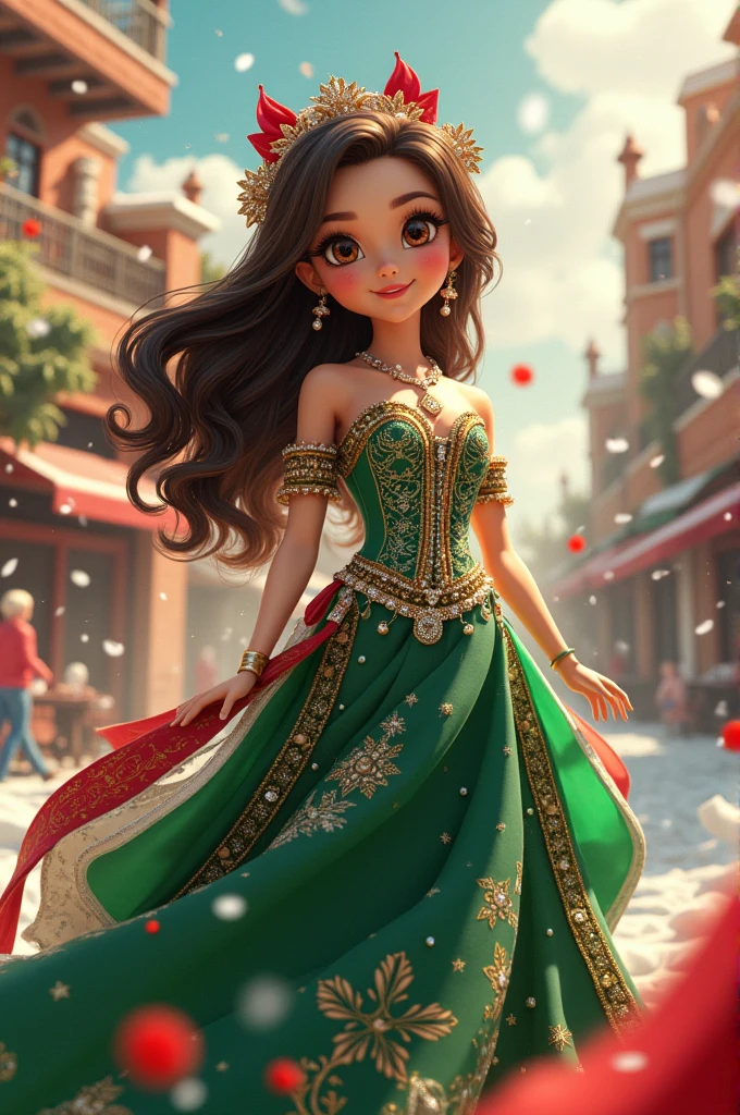 An exquisite 3D anime-style illustration featuring a mesmerizing doll, dressed in a captivating gown of green, white, and red with intricate designs, shimmering gems, diamonds, and pearls. Her cascading wavy brown hair, adorned with green, white, and red ribbons and beads, frames her radiant smile and alluring brown eyes. The doll is perched atop a Mexican flag, nopales, loterías, trompos, yoyos, resorteras, and a "ENLACES JOKBD " banner in bold gold letters, magically transforming the vibrant red and colorful landscape into an enchanting winter wonderland. Signed by the talented artist "jok" the cinematic background features swirling smoke in red, white, green hues, adding to the enchanting atmosphere. Alma