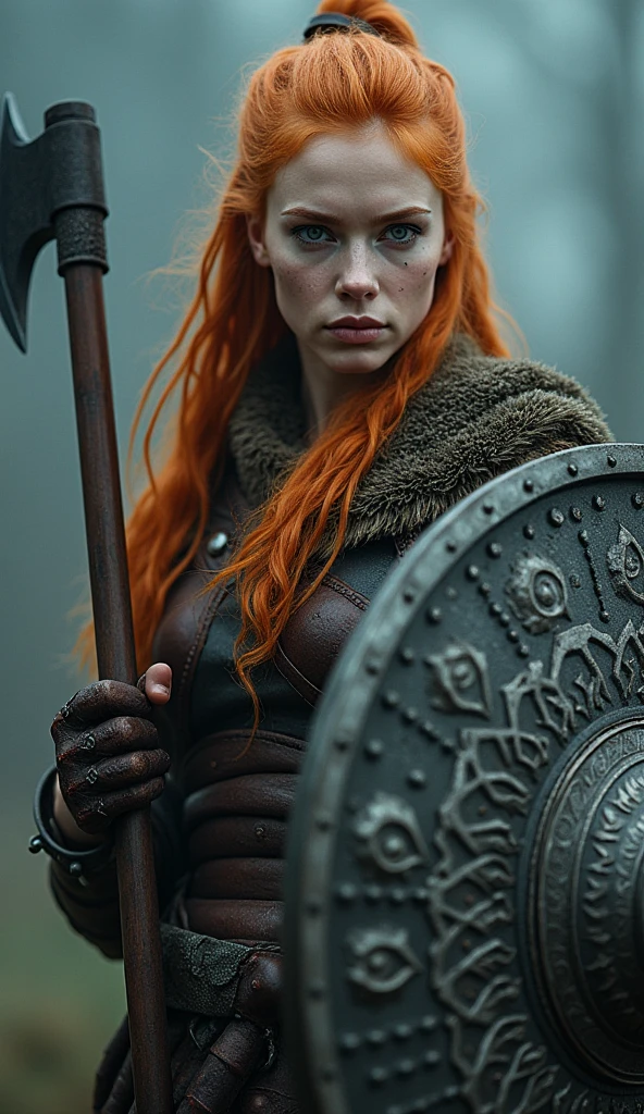 a fierce ginger traditional norse female viking, detailed face, beautiful detailed eyes, beautiful detailed lips, extremely detailed eyes and face, long eyelashes, viking armor, viking axe, viking shield with norse motifs, cinematic lighting, dramatic shadows, epic fantasy, fantasy art, fantasy illustration, epic scale, highly detailed, 8k, best quality, ultra-detailed, (realistic:1.37), (photorealistic:1.37), (masterpiece:1.2), vibrant colors, dark moody atmosphere