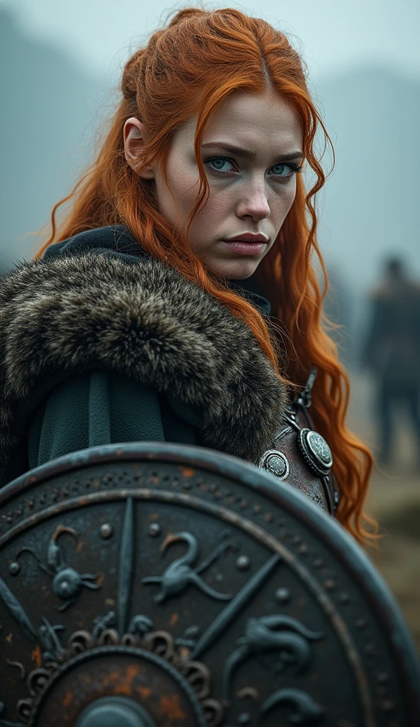 a fierce ginger traditional norse female viking, detailed face, beautiful detailed eyes, beautiful detailed lips, extremely detailed eyes and face, long eyelashes, viking armor, viking axe, viking shield with norse motifs, cinematic lighting, dramatic shadows, epic fantasy, fantasy art, fantasy illustration, epic scale, highly detailed, 8k, best quality, ultra-detailed, (realistic:1.37), (photorealistic:1.37), (masterpiece:1.2), vibrant colors, dark moody atmosphere