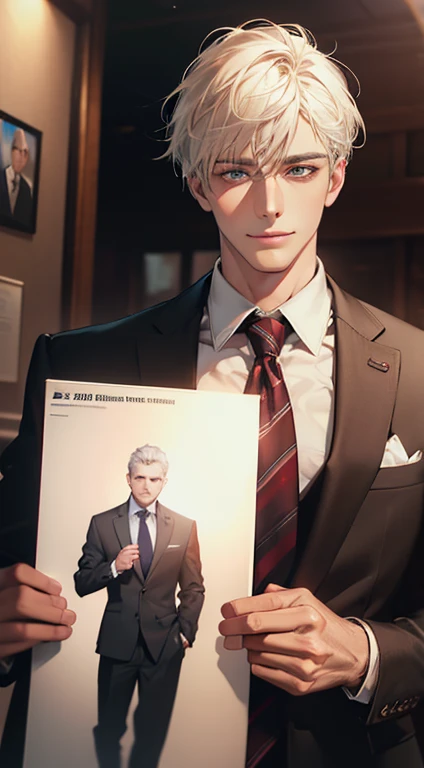 (Highest quality,4K,8K,High resolution,masterpiece:1.2),Super detailed,(Realistic,photoRealistic,photo-Realistic:1.37),1 person,34 years old,Mature Men,Beautiful skin、very handsome,Expressionless smile in love,Short white hair,green eyes,Sharp Eyes,A perfect face without a doubt,Businessman, CEO, Office Background,Cinema Lighting,HDR image,tie、