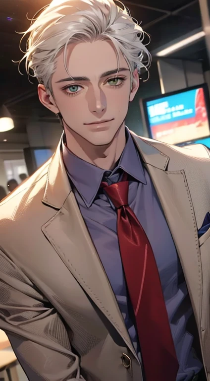 (Highest quality,4K,8K,High resolution,masterpiece:1.2),Super detailed,(Realistic,photoRealistic,photo-Realistic:1.37),1 person,34 years old,Mature Men,Beautiful skin、very handsome,Expressionless smile in love,Short white hair,green eyes,Sharp Eyes,A perfect face without a doubt,Businessman, CEO, Office Background,Cinema Lighting,HDR image,tie、