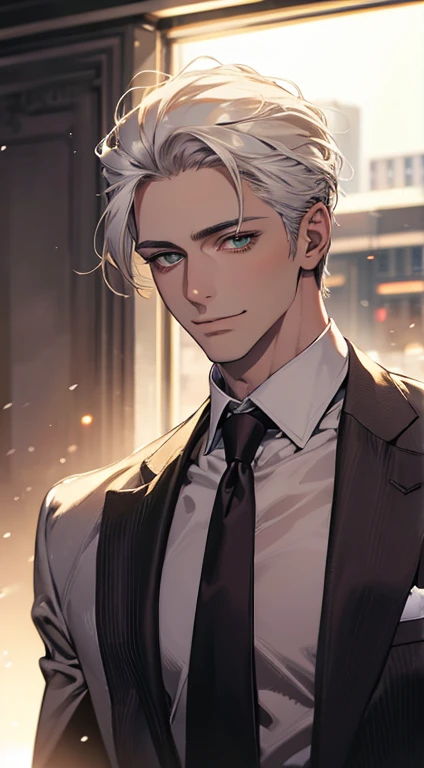 (Highest quality,4K,8K,High resolution,masterpiece:1.2),Super detailed,(Realistic,photoRealistic,photo-Realistic:1.37),1 person,34 years old,Mature Men,Beautiful skin、very handsome,Expressionless smile in love,Short white hair,green eyes,Sharp Eyes,A perfect face without a doubt,Businessman, CEO, Office Background,Cinema Lighting,HDR image,tie、